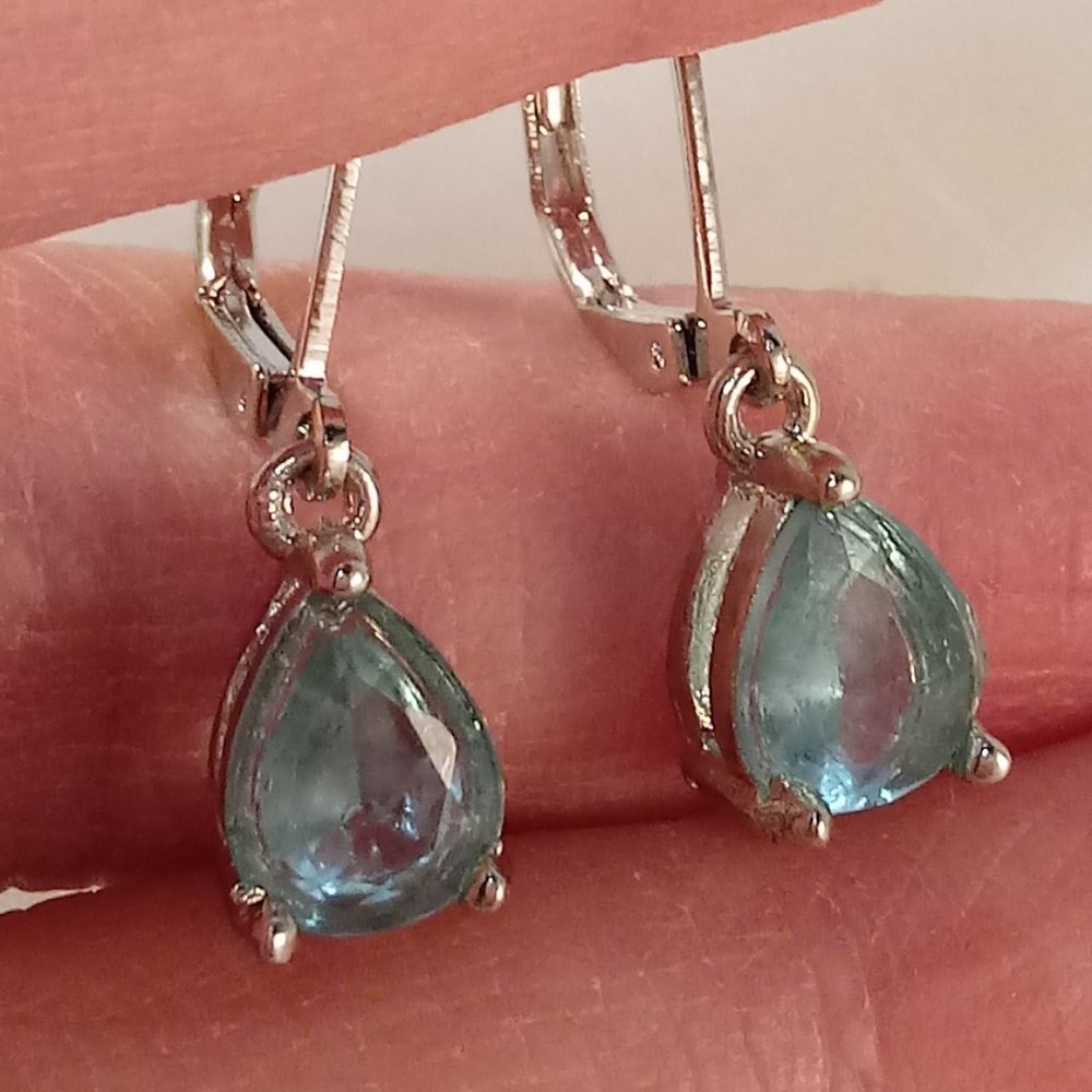 Silver Sea Blue Pear Tear Solitaire Diamond Zircon Dangle Earrings 1.75ctw ea